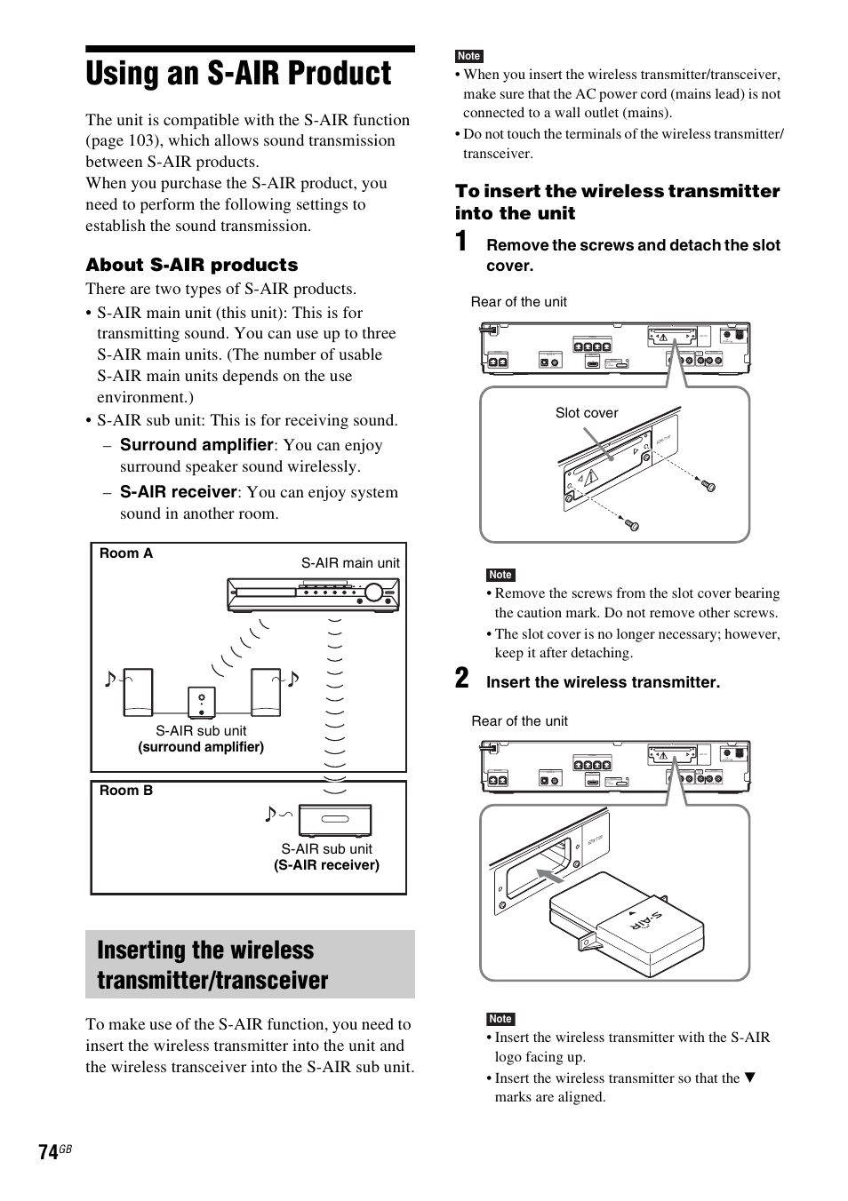 Using an s-air product, Inserting the wireless transmitter/transceiver, About s-air products | Remove the screws and detach the slot cover, Insert the wireless transmitter, Rear of the unit slot cover, Rear of the unit | Sony DAV-HDX585 User Manual | Page 74 / 116