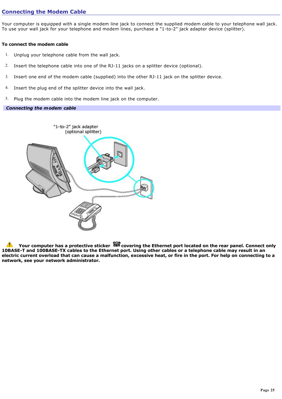Connecting the modem cable | Sony PCV-V210P User Manual | Page 25 / 131