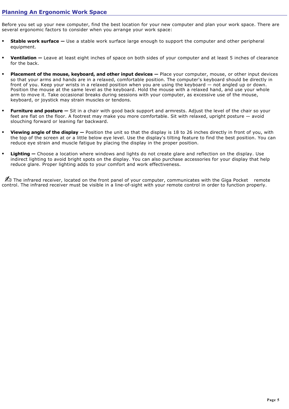 Planning an ergonomic work space | Sony PCV-V210P User Manual | Page 5 / 131
