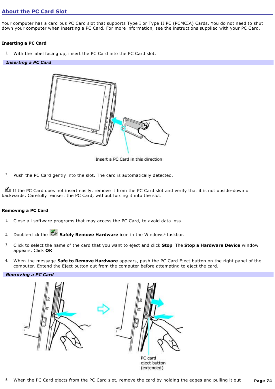 About the pc card slot | Sony PCV-V210P User Manual | Page 74 / 131
