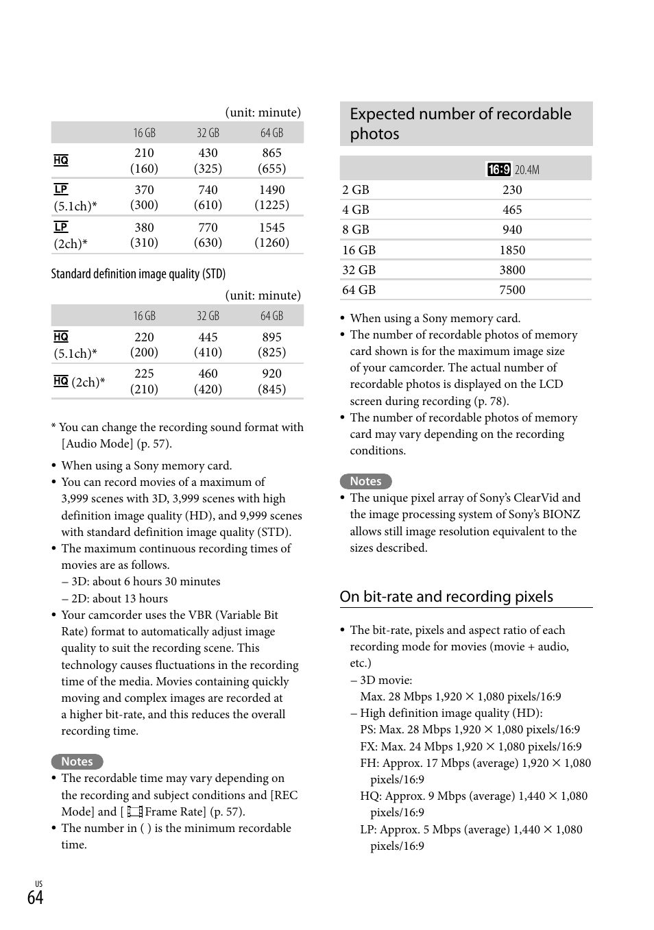 Expected number of recordable photos, On bit-rate and recording pixels | Sony HDR-TD30V User Manual | Page 64 / 84