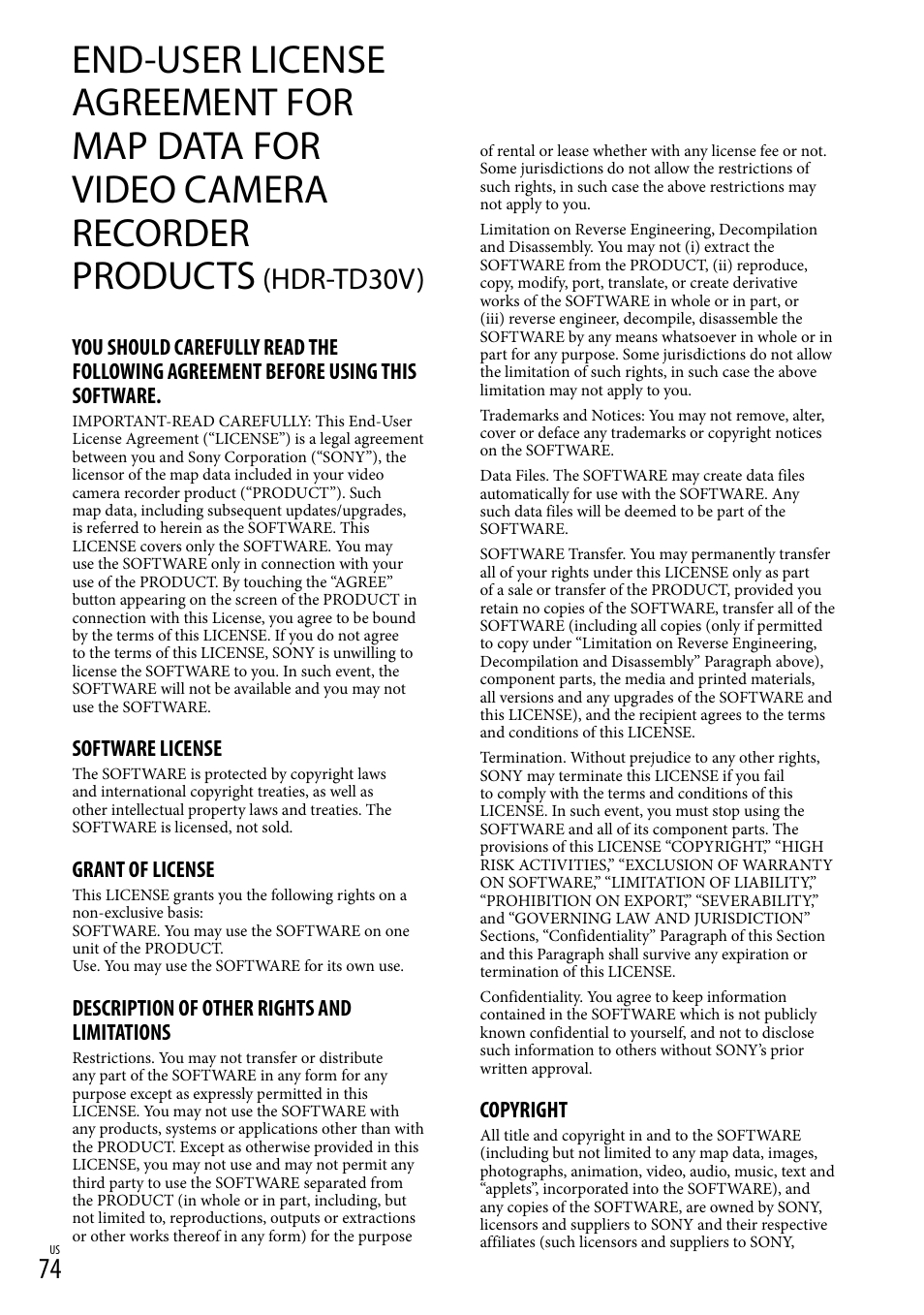 Products (hdr-td30v), Hdr-td30v), Software license | Grant of license, Description of other rights and limitations, Copyright | Sony HDR-TD30V User Manual | Page 74 / 84
