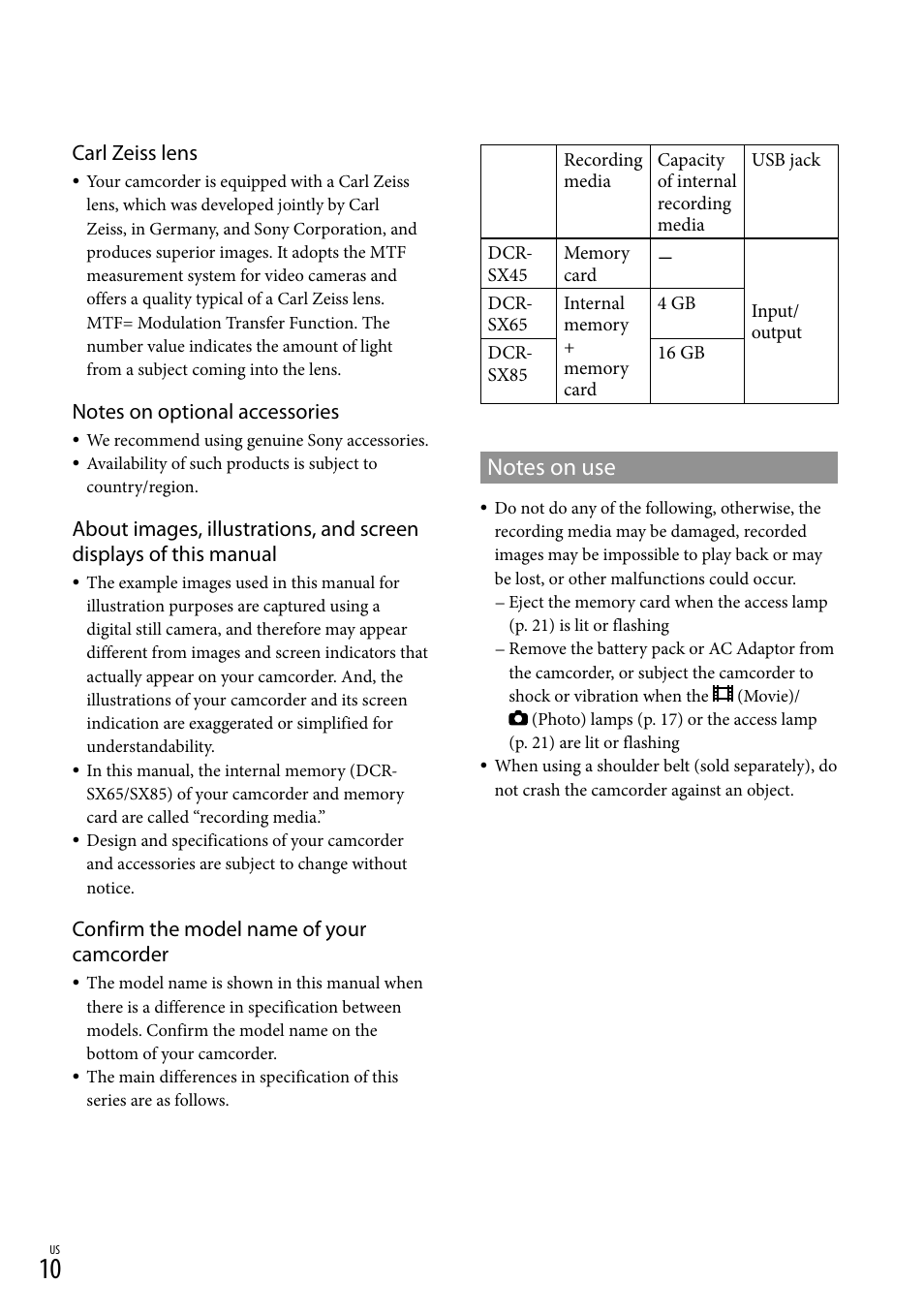 Carl zeiss lens, Confirm the model name of your camcorder | Sony DCR-SX45 User Manual | Page 10 / 131