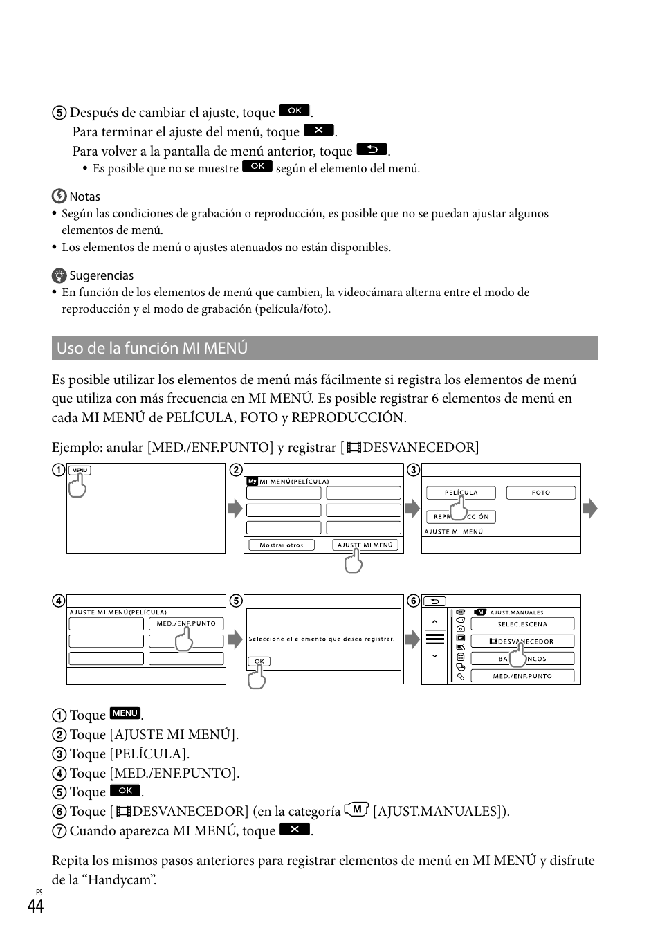 Uso de la función mi menú | Sony DCR-SX45 User Manual | Page 108 / 131