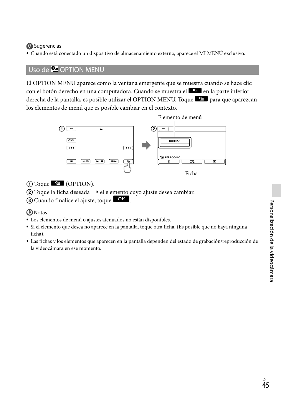 Uso de option menu | Sony DCR-SX45 User Manual | Page 109 / 131