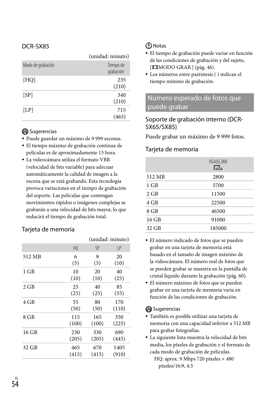 Número esperado de fotos que puede grabar, Dcr-sx85, Soporte de grabación interno (dcr- sx65/sx85) | Sony DCR-SX45 User Manual | Page 118 / 131