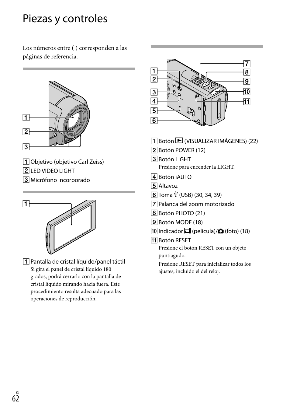 Piezas y controles, 62) c, 62) co | Sony DCR-SX45 User Manual | Page 126 / 131