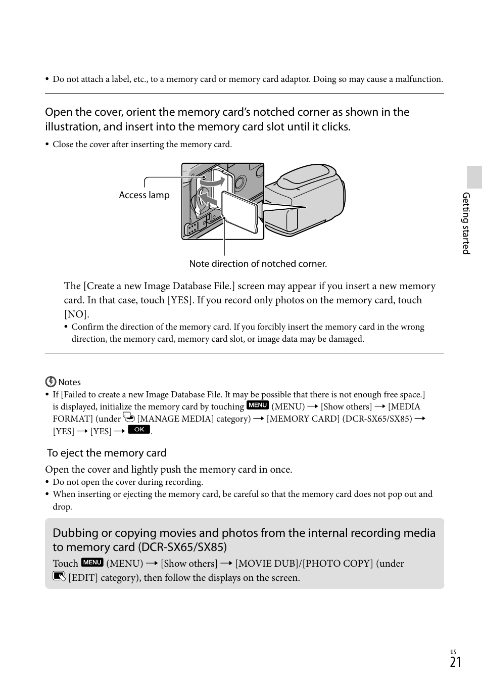 To memory card (dcr-sx65/sx85) | Sony DCR-SX45 User Manual | Page 21 / 131