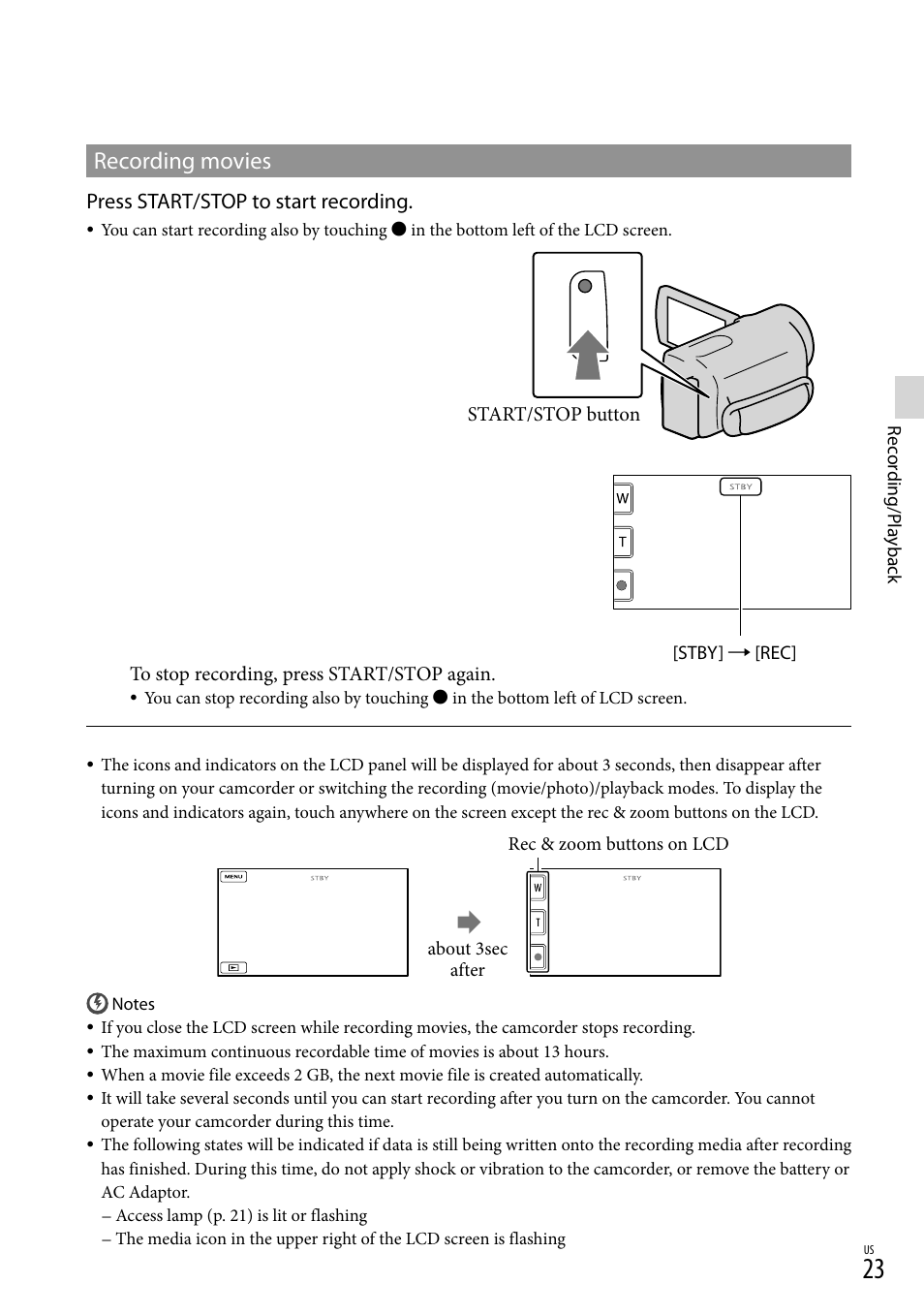 Recording movies, Press start/stop to start recording | Sony DCR-SX45 User Manual | Page 23 / 131