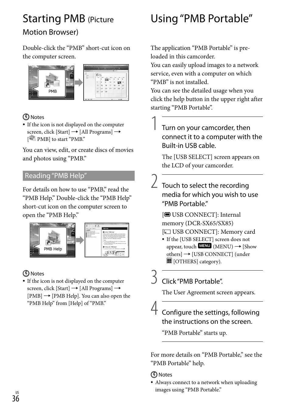 Starting pmb (picture motion browser), Using “pmb portable, Starting pmb | Sony DCR-SX45 User Manual | Page 36 / 131