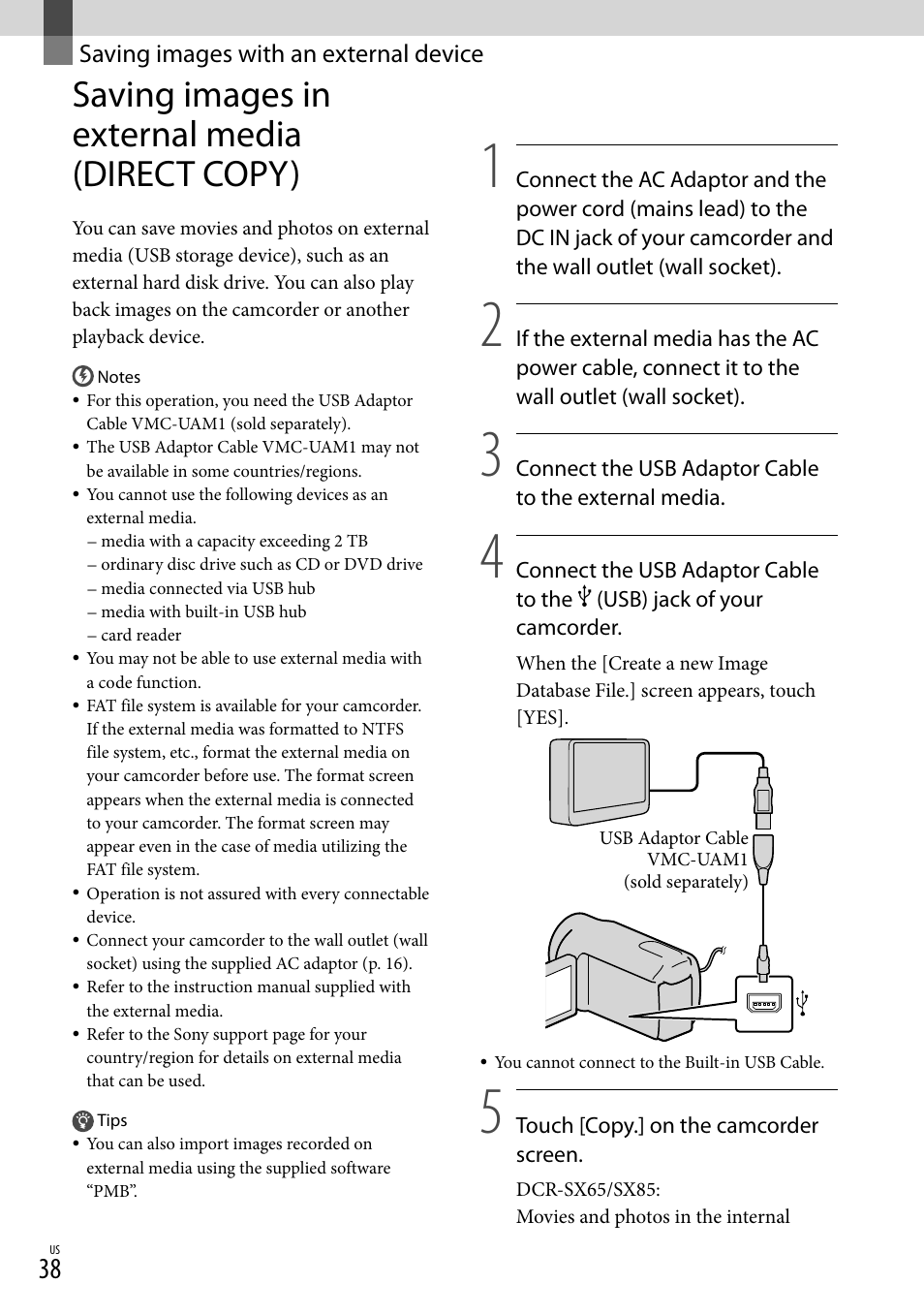 Saving images with an external device, Saving images in external media (direct copy) | Sony DCR-SX45 User Manual | Page 38 / 131