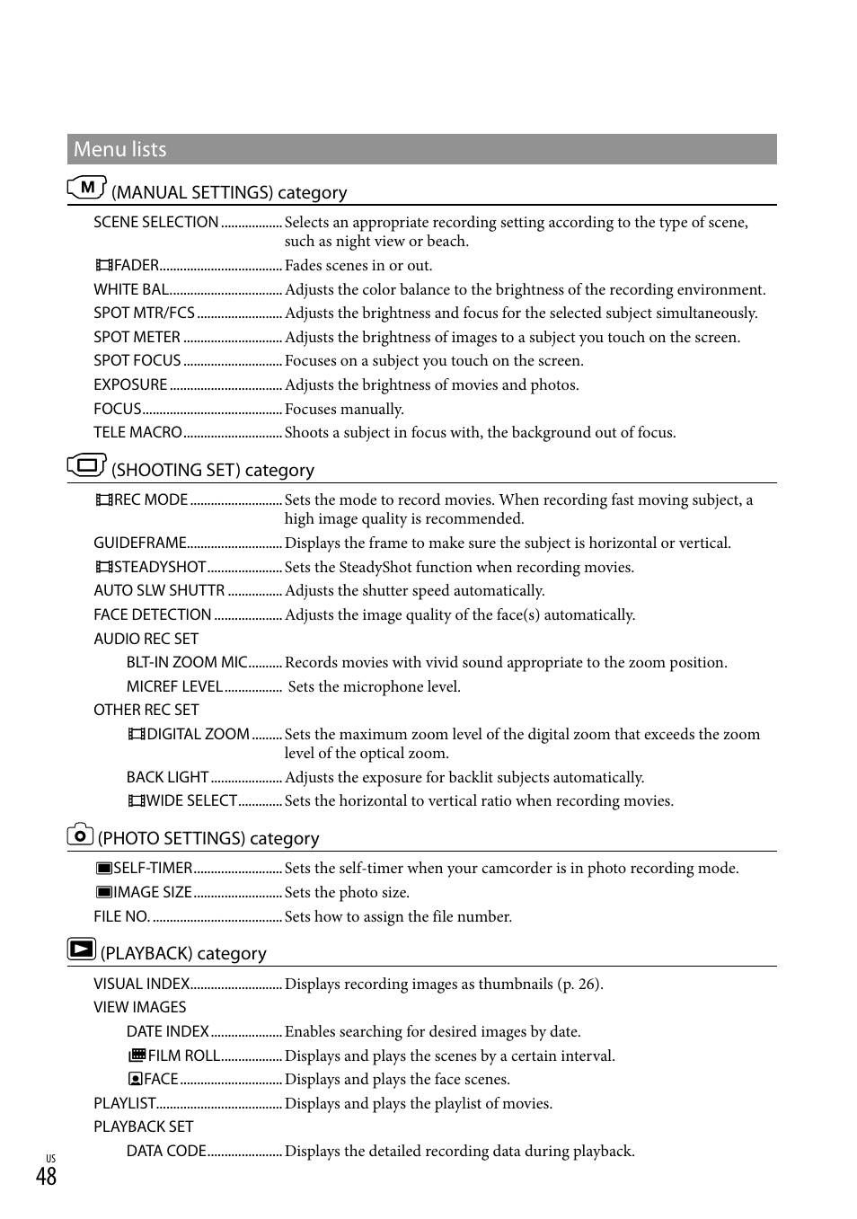 Menu lists | Sony DCR-SX45 User Manual | Page 48 / 131