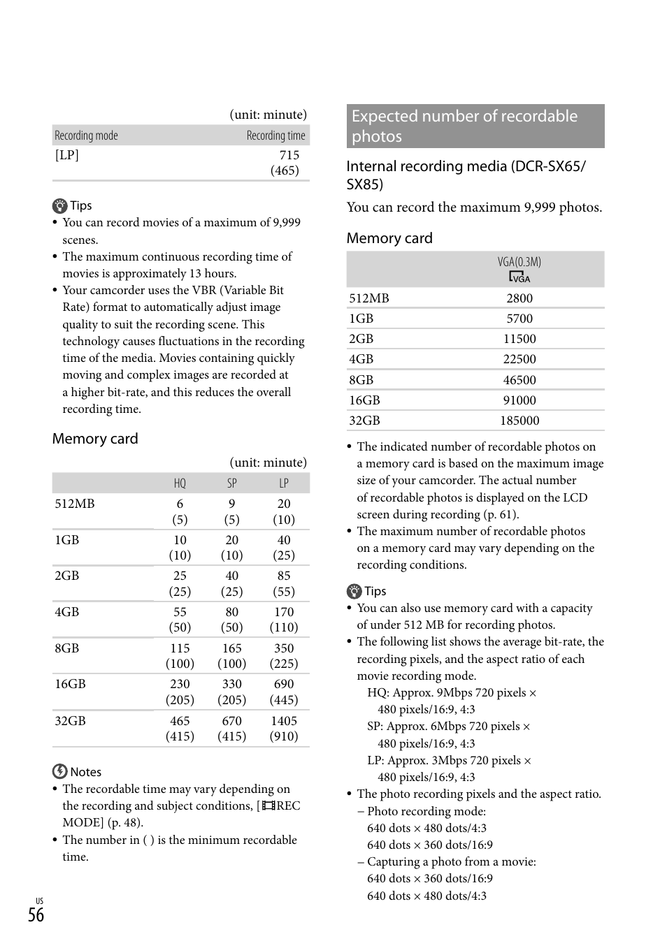 Expected number of recordable photos, Internal recording media (dcr-sx65/ sx85) | Sony DCR-SX45 User Manual | Page 56 / 131