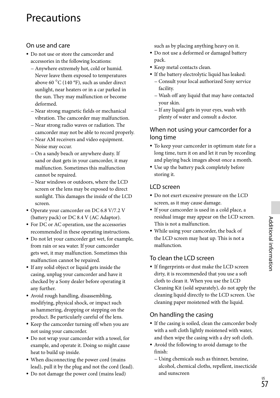Precautions, When not using your camcorder for a long time, Lcd screen | On handling the casing, On use and care | Sony DCR-SX45 User Manual | Page 57 / 131