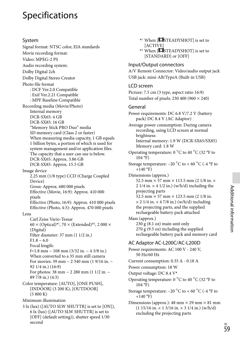 Specifications | Sony DCR-SX45 User Manual | Page 59 / 131