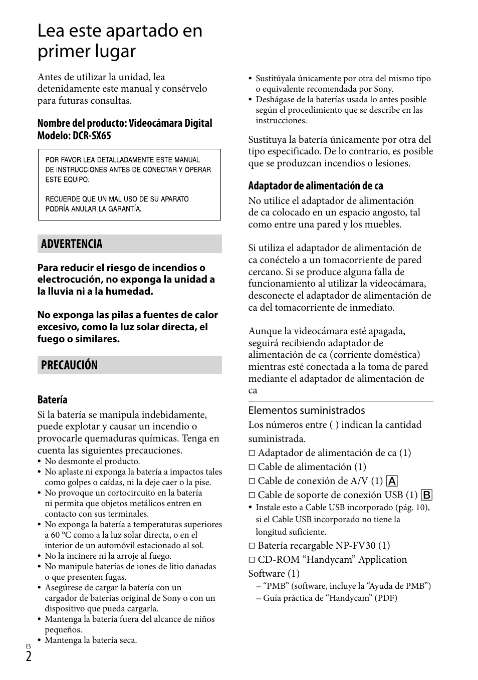 Lea este apartado en primer lugar, Advertencia, Precaución | Batería, Adaptador de alimentación de ca | Sony DCR-SX45 User Manual | Page 66 / 131