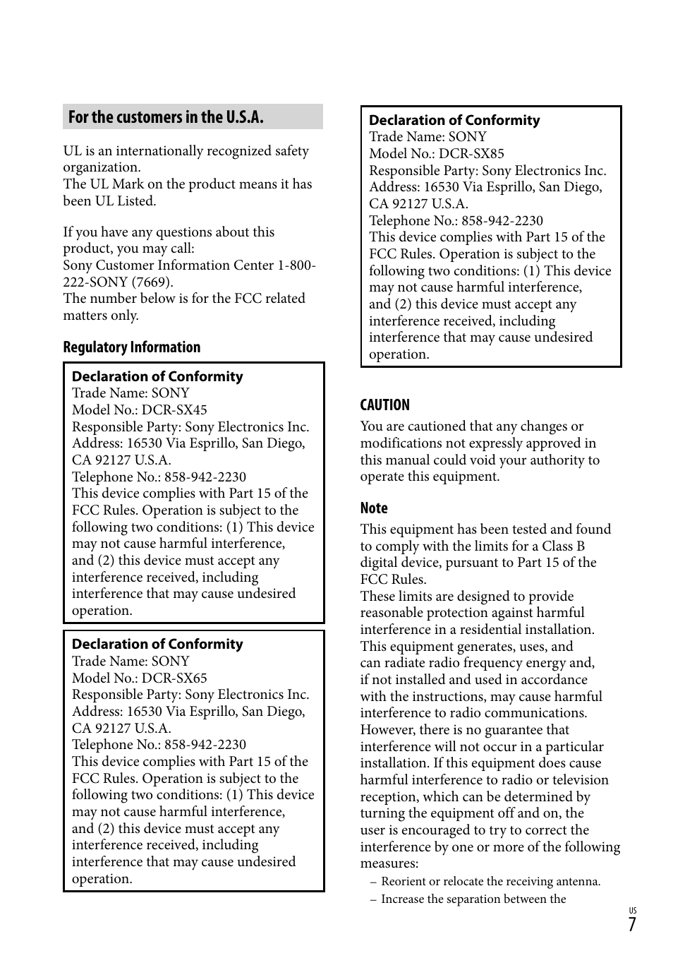 For the customers in the u.s.a | Sony DCR-SX45 User Manual | Page 7 / 131
