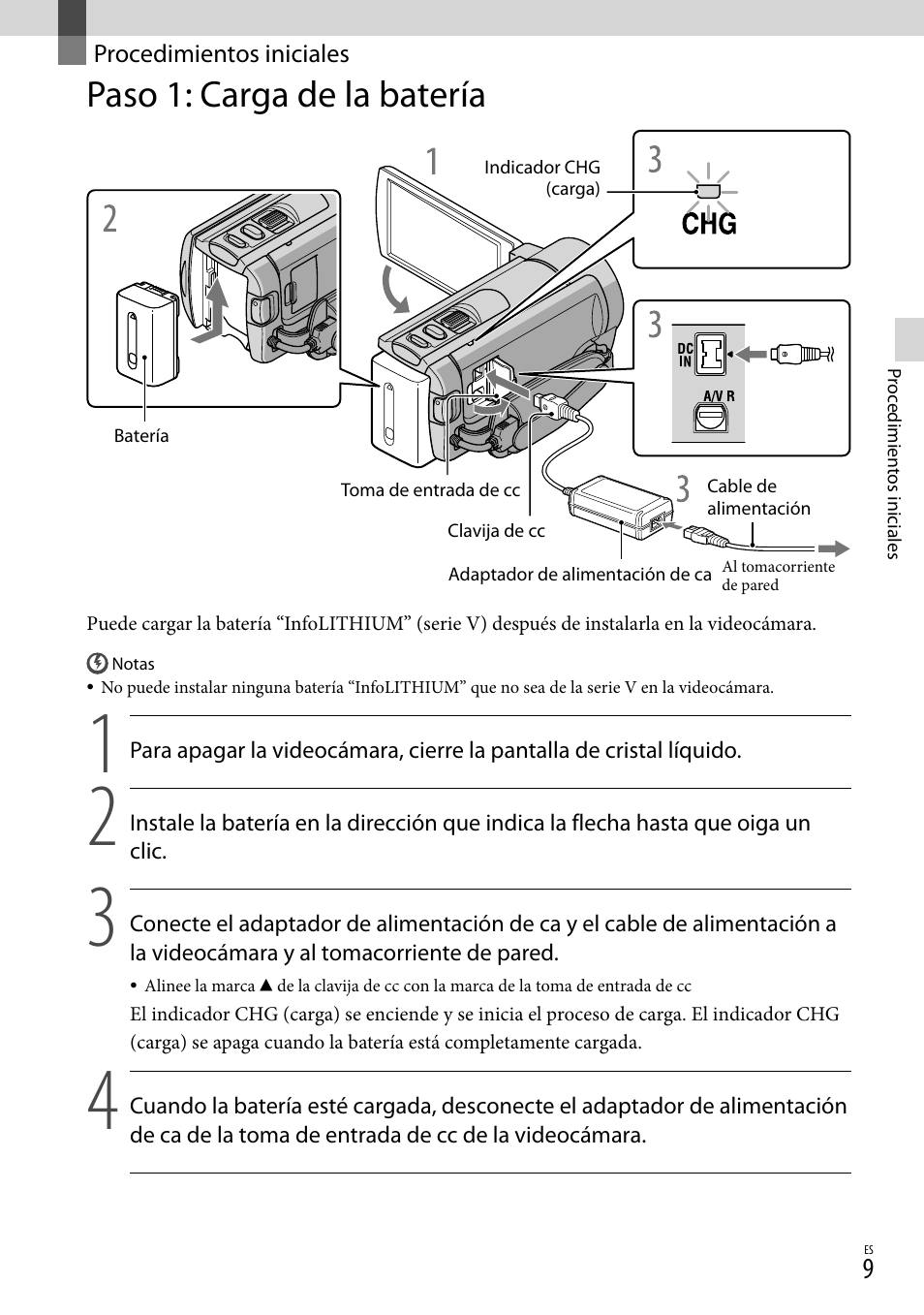 Procedimientos iniciales, Paso 1: carga de la batería | Sony DCR-SX45 User Manual | Page 73 / 131