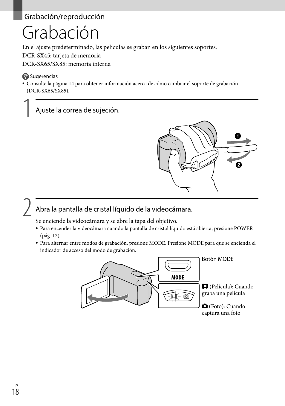 Grabación/reproducción, Grabación | Sony DCR-SX45 User Manual | Page 82 / 131