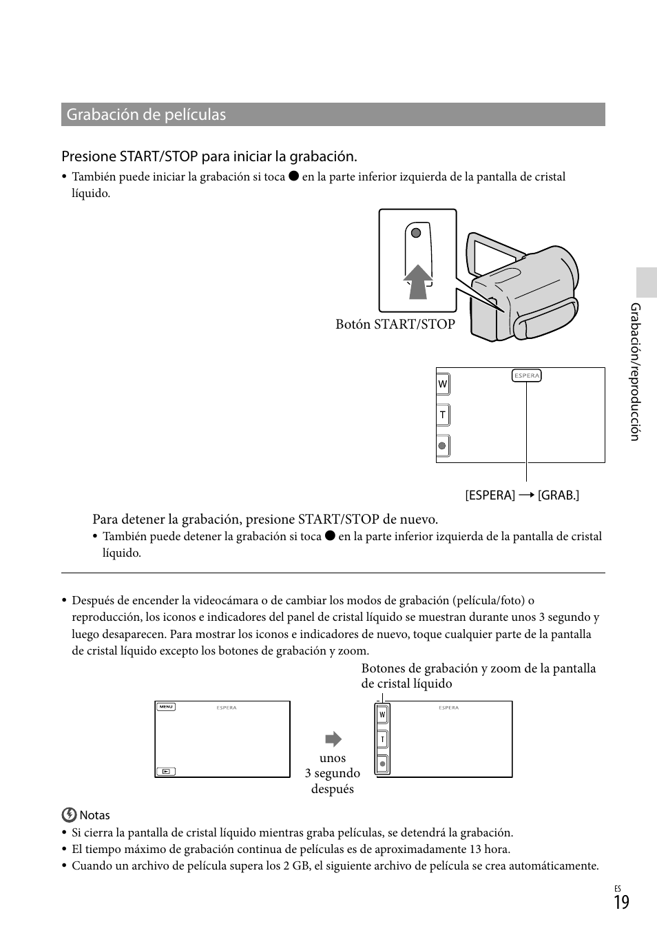 Grabación de películas, Presione start/stop para iniciar la grabación | Sony DCR-SX45 User Manual | Page 83 / 131