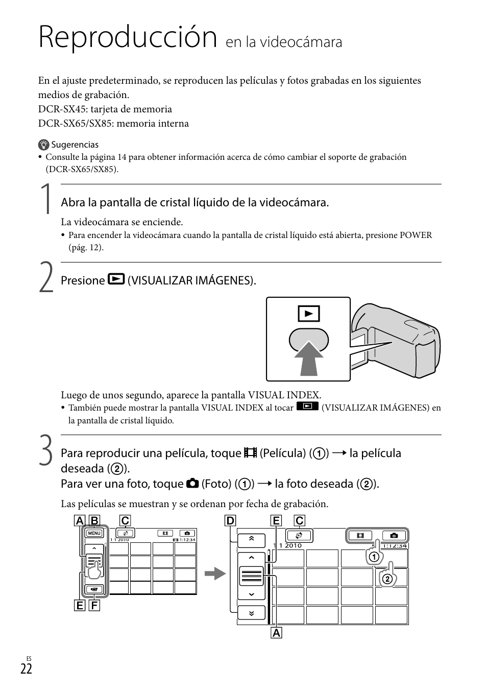 Reproducción en la videocámara, Reproducción, En la videocámara | Sony DCR-SX45 User Manual | Page 86 / 131