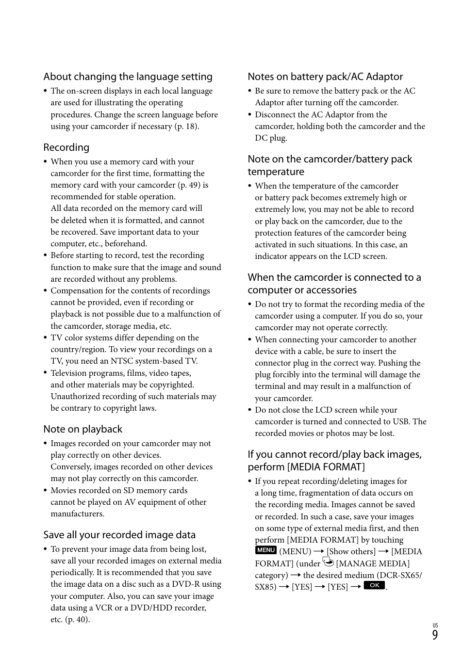 About changing the language setting, Recording, Save all your recorded image data | Sony DCR-SX45 User Manual | Page 9 / 131