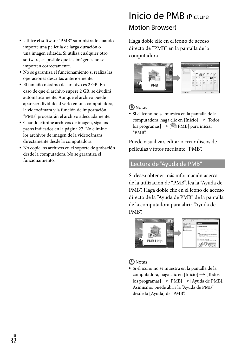 Inicio de pmb (picture motion browser), Inicio de pmb, Picture motion browser) | Lectura de “ayuda de pmb | Sony DCR-SX45 User Manual | Page 96 / 131