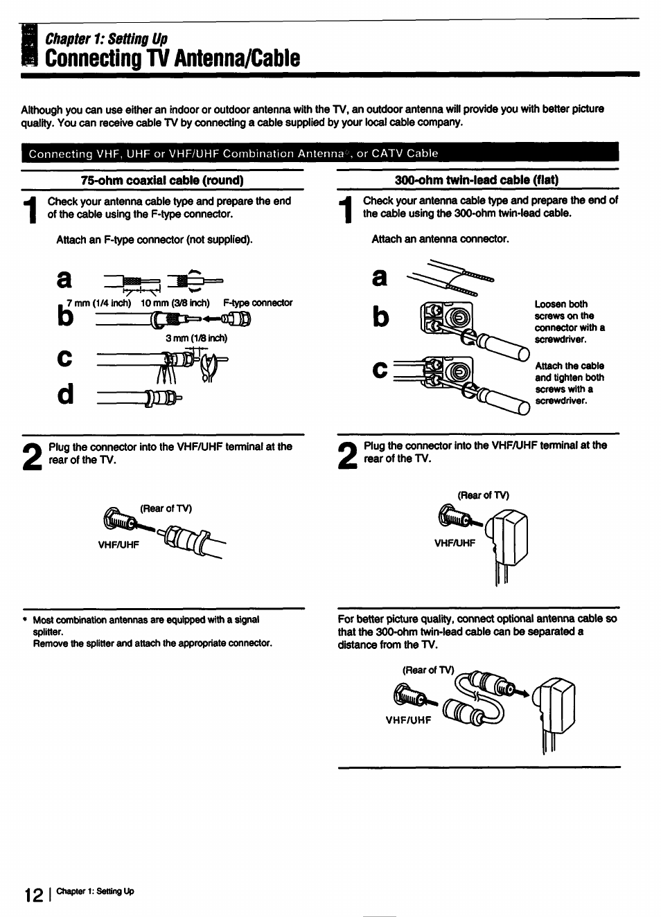 Ohm coaxial cable (round), Ohm twin-lead cable (flat), Connecting tv antenna/cable | Chapter 1: setting up | Sony KV-27V55 User Manual | Page 12 / 60