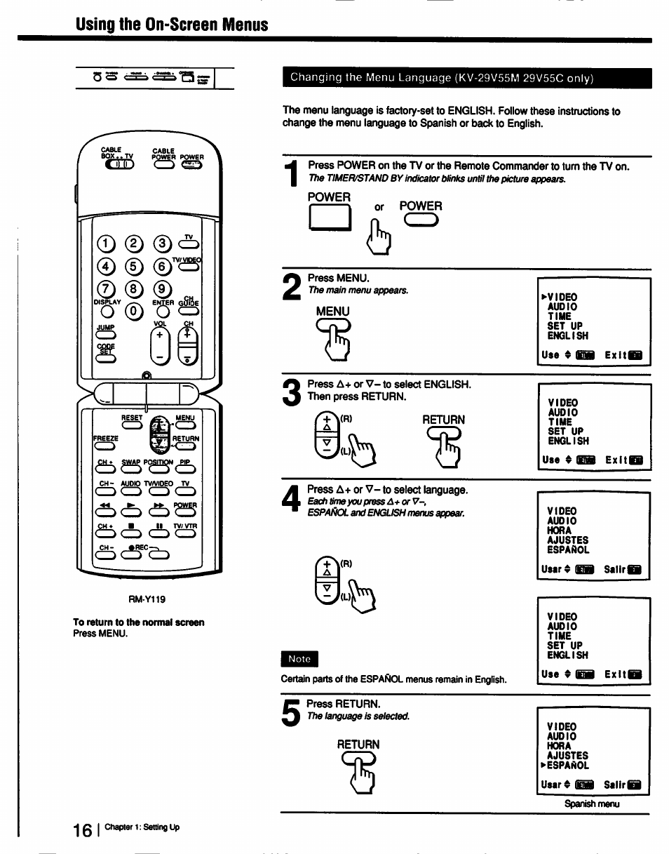 Using the on-screen menus | Sony KV-27V55 User Manual | Page 16 / 60