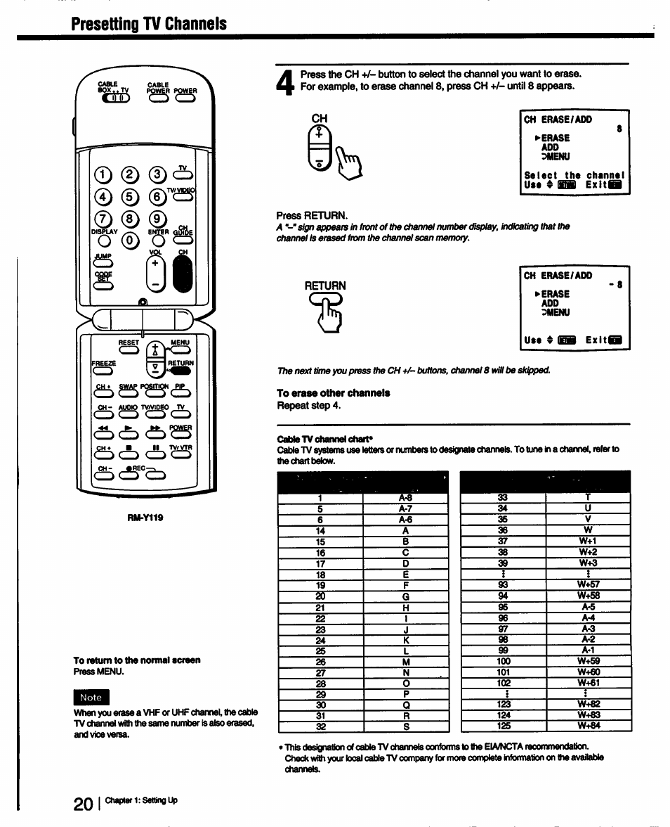 O © o, Presetting tv channels, D cd | Sony KV-27V55 User Manual | Page 20 / 60