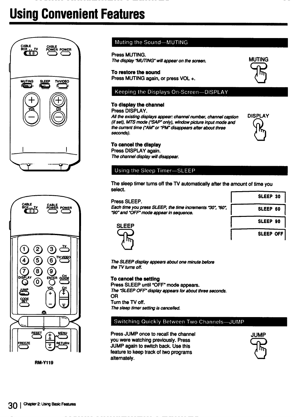 To restore the sound, To display the channel, To cancel the display | To cancel the setting, Using convenient features | Sony KV-27V55 User Manual | Page 30 / 60