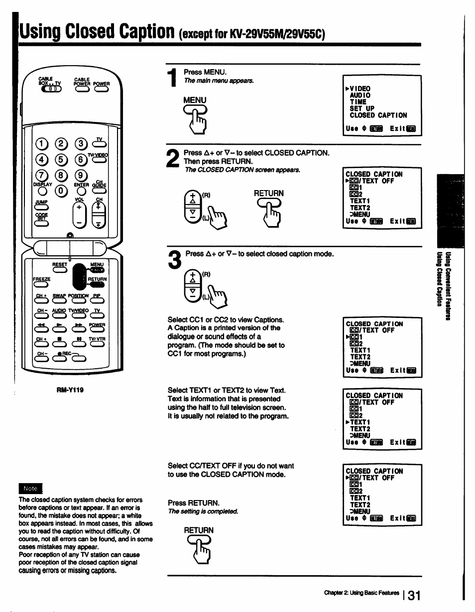 O © o, Using closbd caption (exceptforkv^wsawzwssc), Ccd cd cd | Q cd q q, Menu, Return | Sony KV-27V55 User Manual | Page 31 / 60