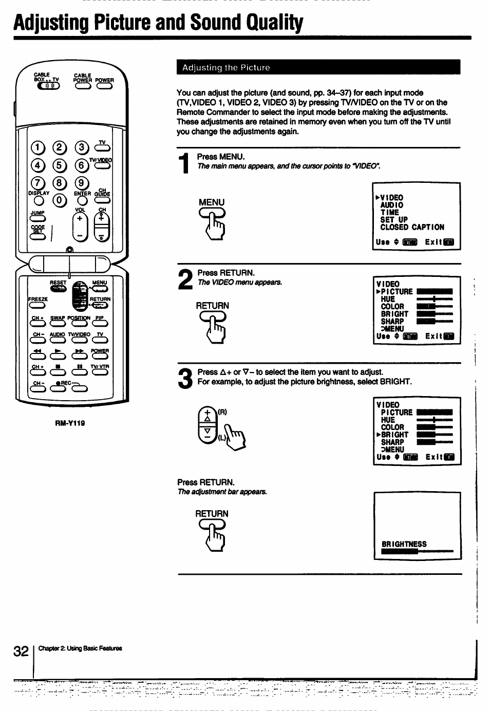 Adjusting picture and sound quaiity | Sony KV-27V55 User Manual | Page 32 / 60
