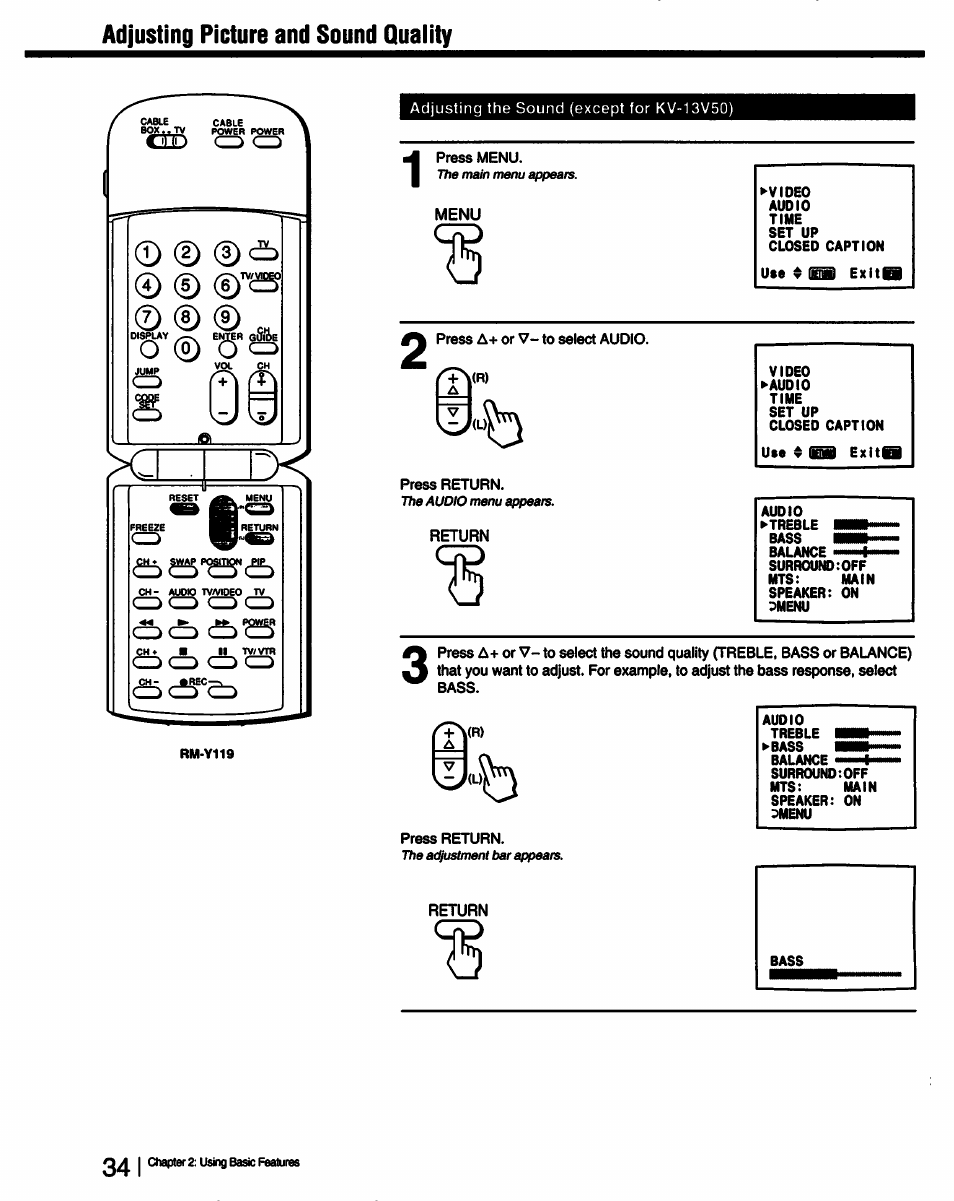Adjusting picture and sound quality | Sony KV-27V55 User Manual | Page 34 / 60