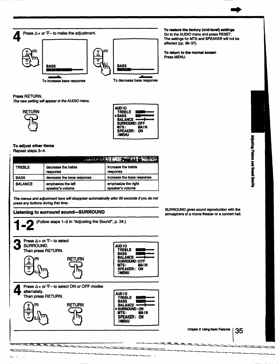 Listening to surround sound—surround | Sony KV-27V55 User Manual | Page 35 / 60