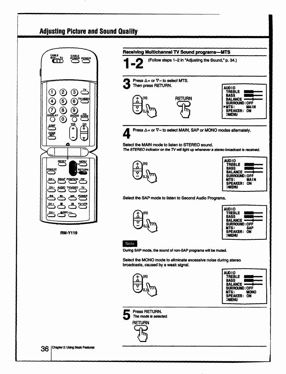 Receiving multichannel tv sound program8~mts, Adjusting picture and sound quality, Qcd cd q | Sony KV-27V55 User Manual | Page 36 / 60