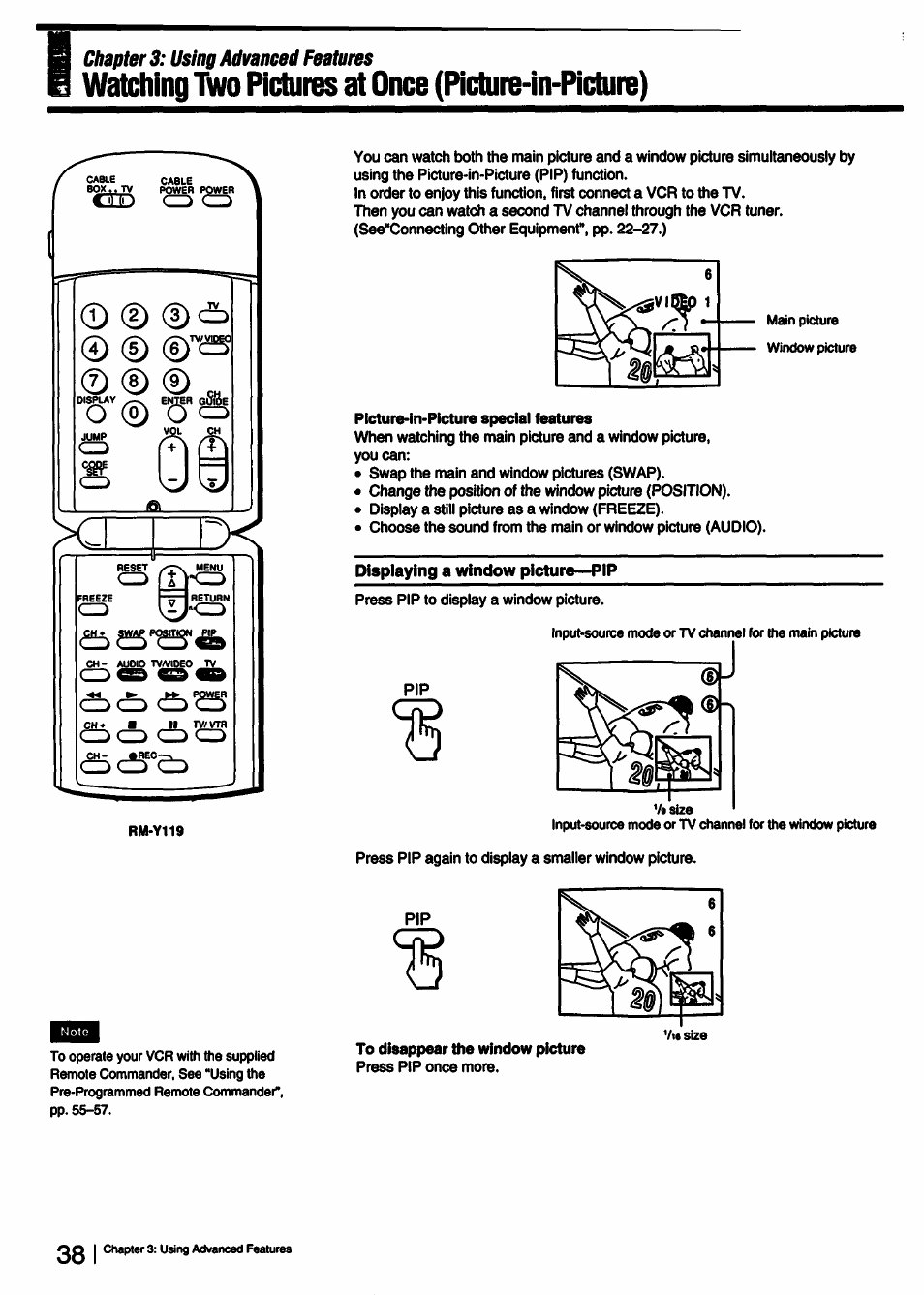 Picture-in-picture speciai features, Displaying a window picture—pip, To disappear the window picture | О ® о, Watching two pictures at once (picture-in-picture), Chapter 3: using advanced features | Sony KV-27V55 User Manual | Page 38 / 60