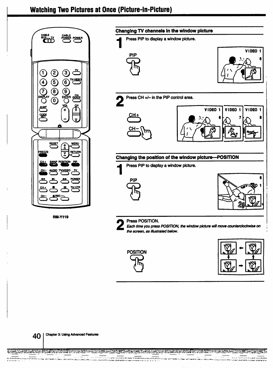 Changing tv channels in the window picture, Position, Watching two pictures at once (picture~in~picture) | Cod cd cd | Sony KV-27V55 User Manual | Page 40 / 60
