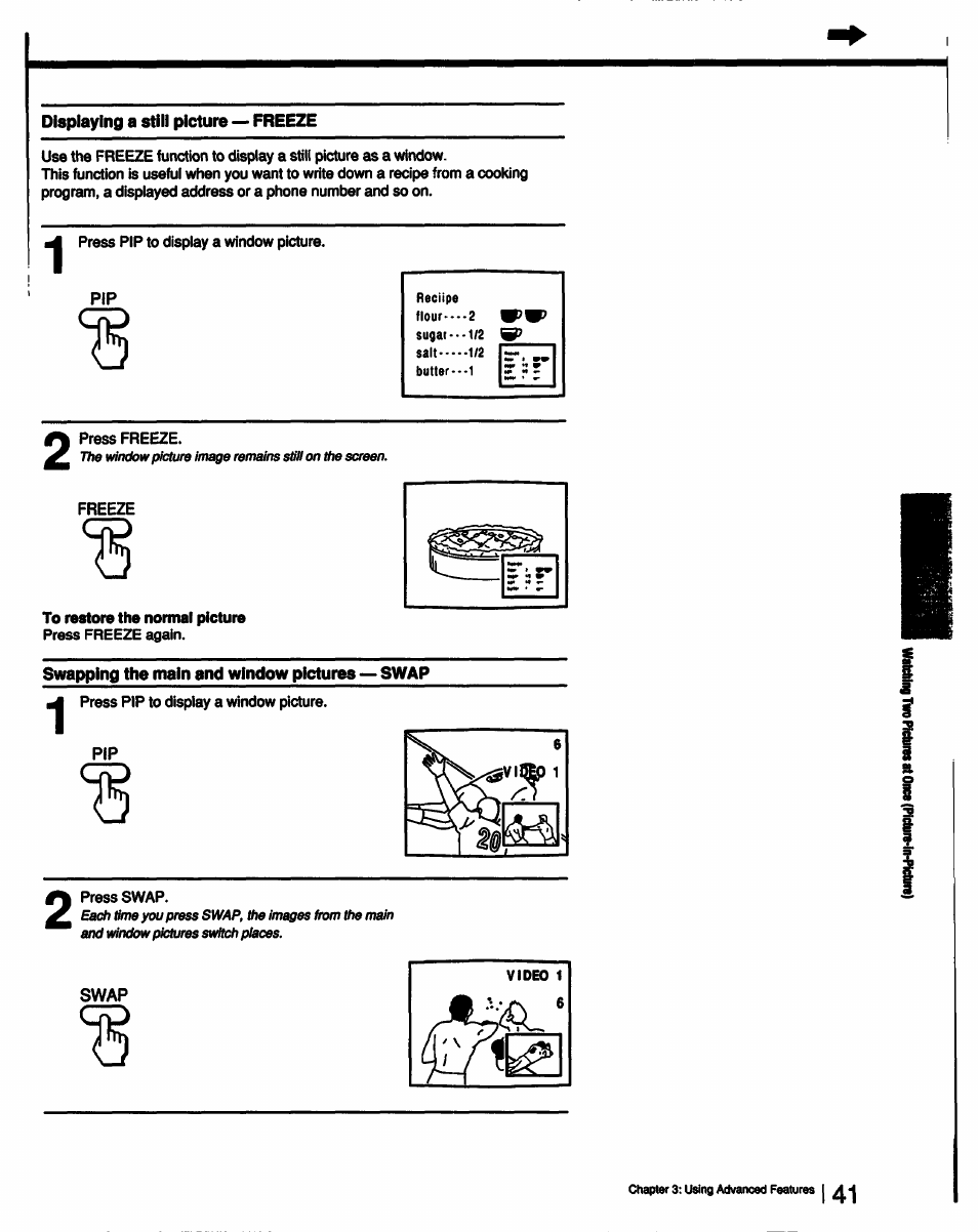 Displaying a still picture — freeze, To restore the normal picture, Swapping the main and window pictures — swap | Sony KV-27V55 User Manual | Page 41 / 60