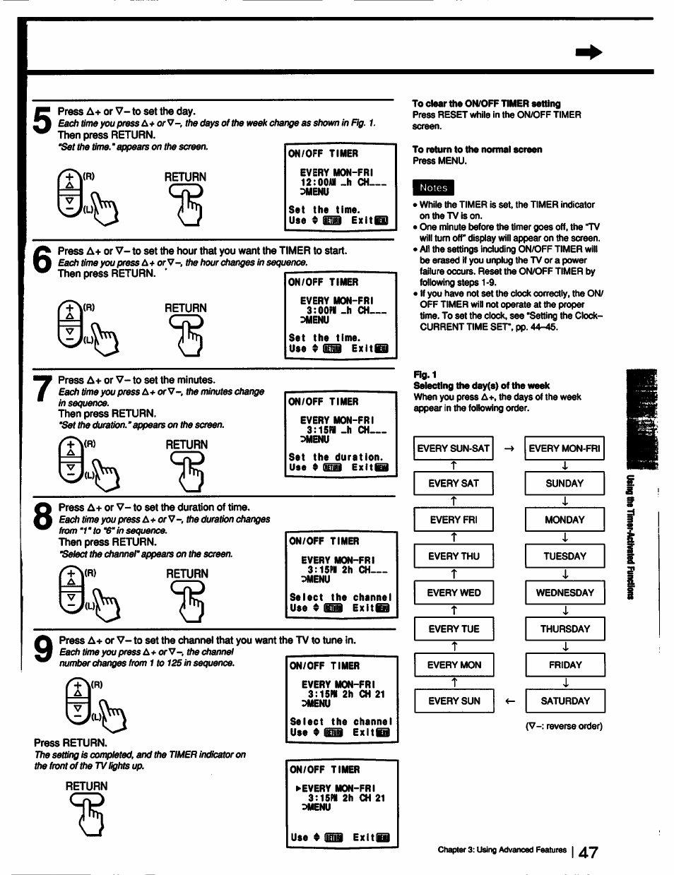 Press a+ or v- to set the day, Then press return, Return | Press ah- or v- to set the minutes, Select the channel use $ ib exitqi, Press return, Exitis | Sony KV-27V55 User Manual | Page 47 / 60