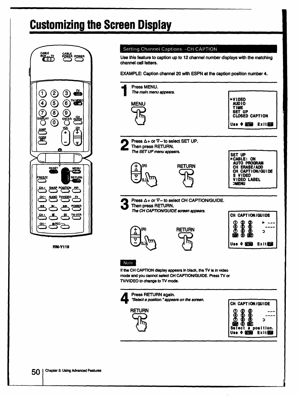 Press menu, Menu, Press a+ or v- to select set up. then press return | Return, Press return again, Customizing the screen display | Sony KV-27V55 User Manual | Page 50 / 60