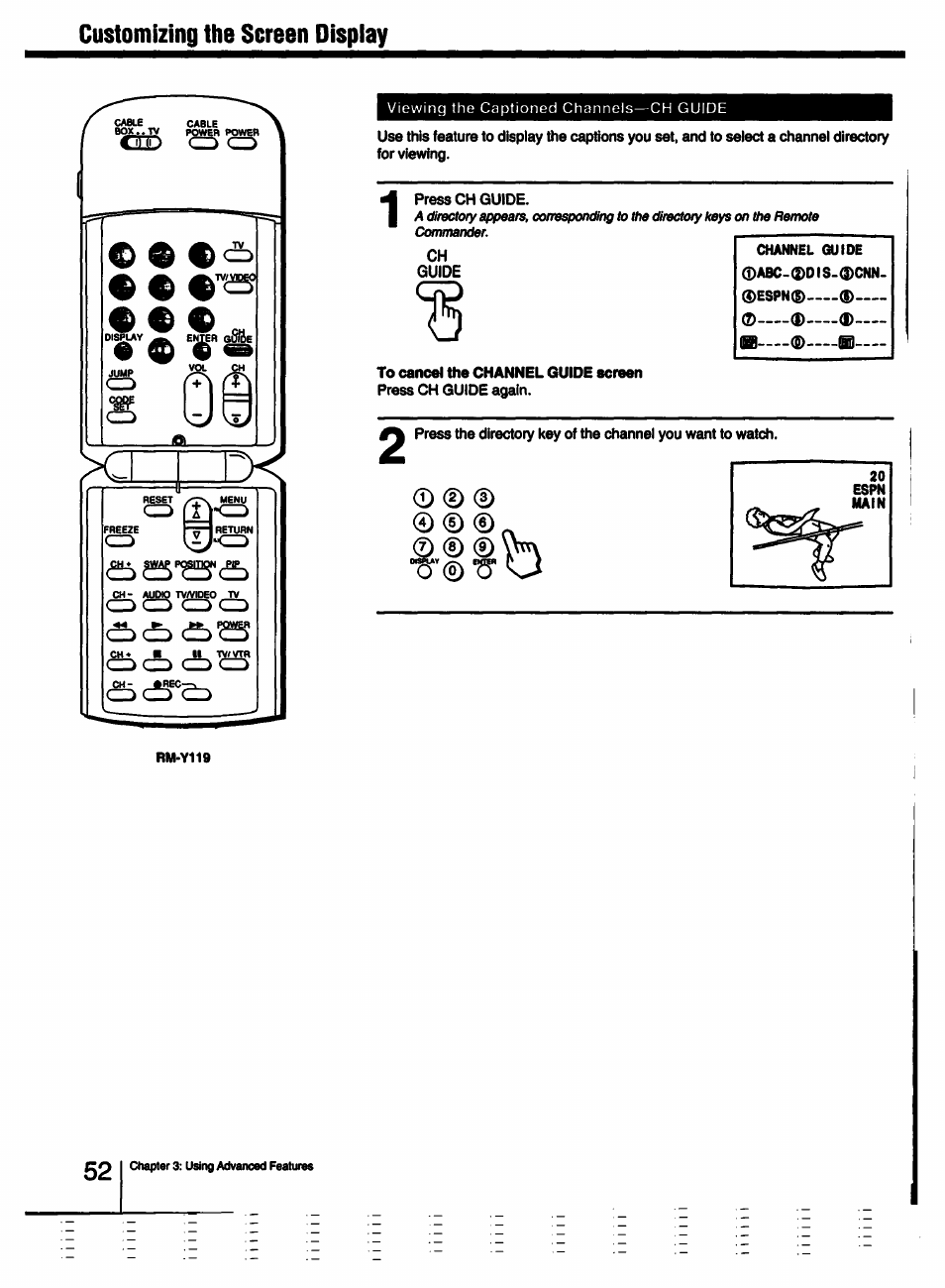 To cancel the channel guide screen, Customizing the screen dispiay, 0 0 0 \w | Sony KV-27V55 User Manual | Page 52 / 60