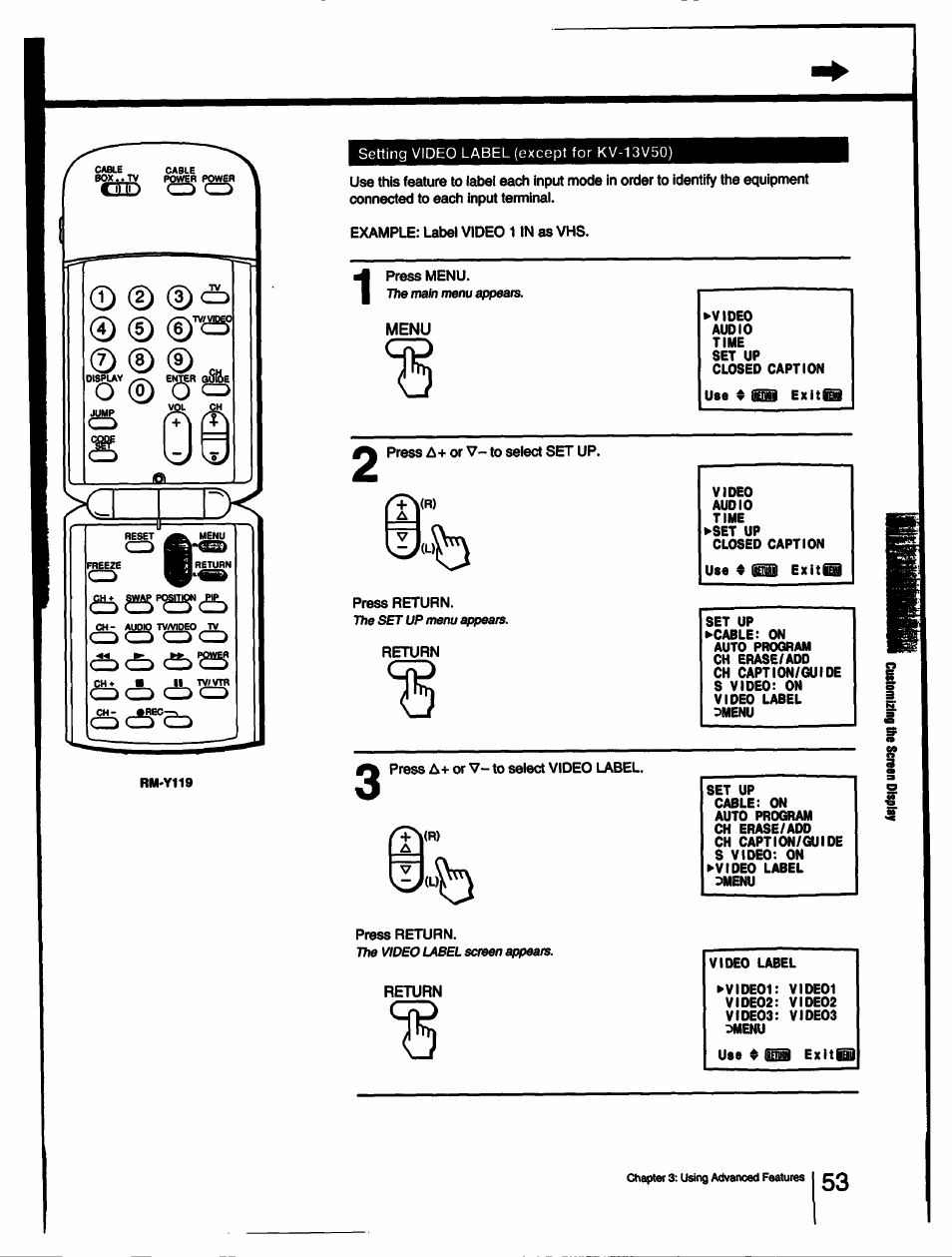 Example: ubel video 11n as vhs, Press menu, Press a+ or v- to select set up | Press return, Press £k+ or v- to select video label, O © o o | Sony KV-27V55 User Manual | Page 53 / 60