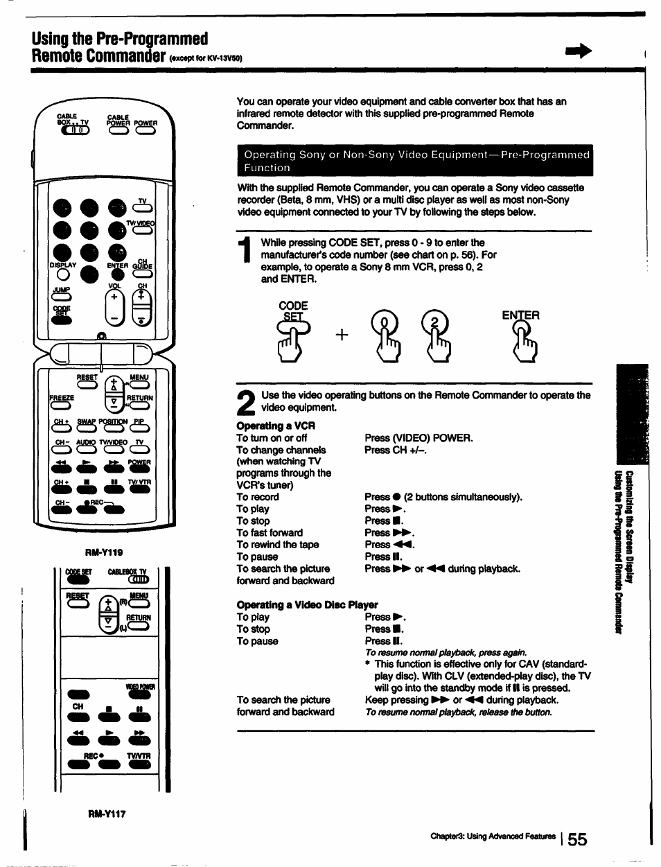 Operating a vcr, Operating a video disc piayer | Sony KV-27V55 User Manual | Page 55 / 60