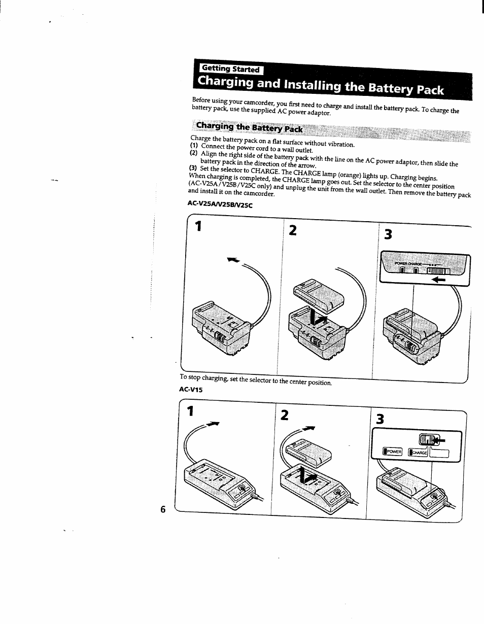 Charging and installing the battery pack, Charging the battery pack, Ac-v25aaf25baf25c | Sony CCD-TR600 User Manual | Page 6 / 55