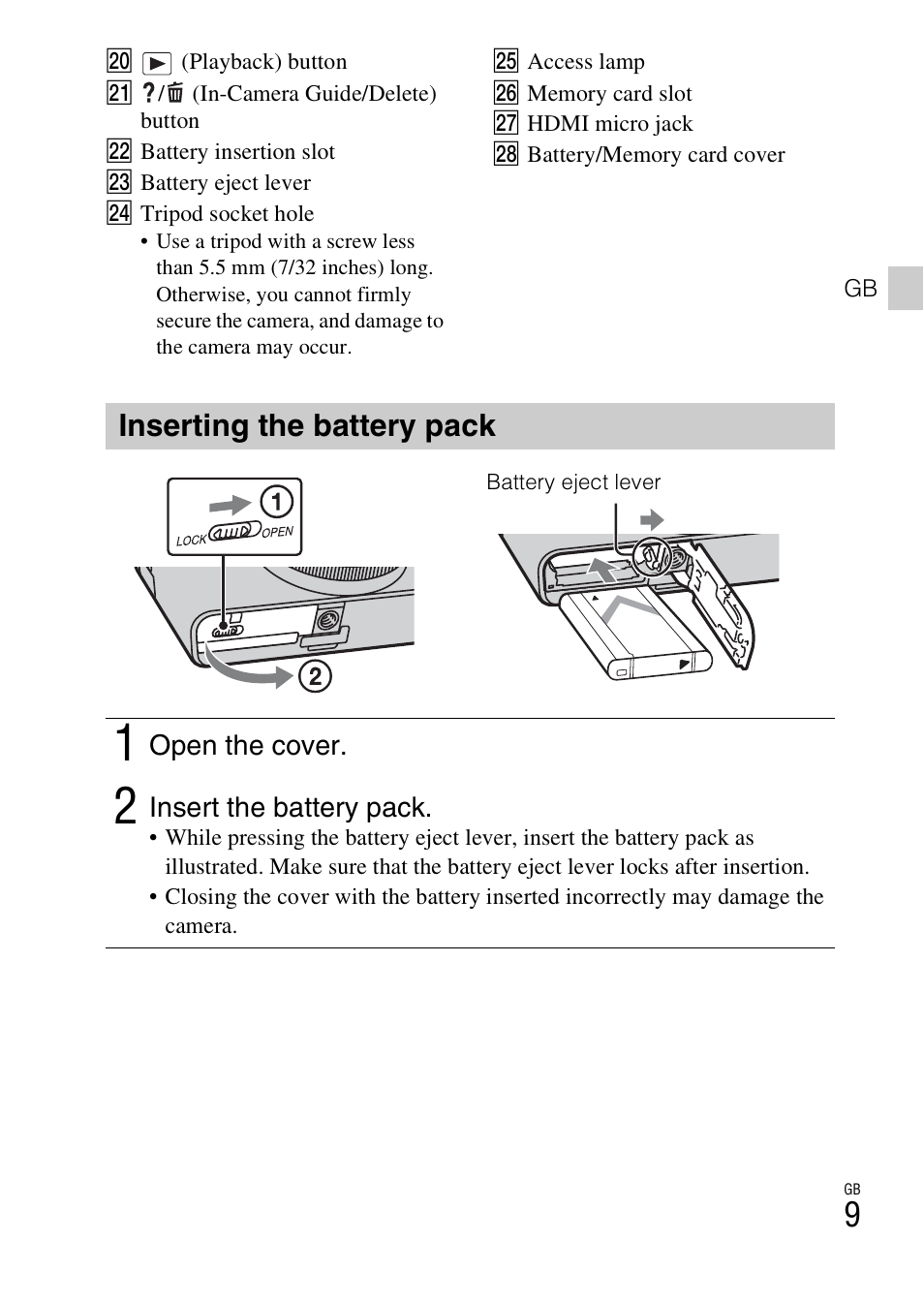 Inserting the battery pack | Sony DSC-RX100 User Manual | Page 9 / 68