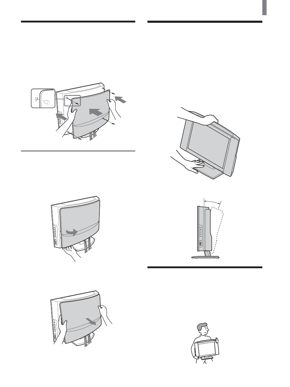 Attaching the rear cover, Removing the rear cover, Adjusting the viewing angle of the tv | Carrying the tv | Sony KLV-21SG2 User Manual | Page 11 / 80