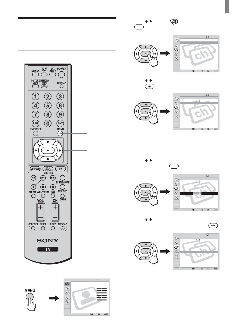 Using favorite channels, Setting your favorite channels, Press menu | Press v/v to select (channel), then press, Press menu to exit the menu screen, Continued) | Sony KLV-21SG2 User Manual | Page 33 / 80