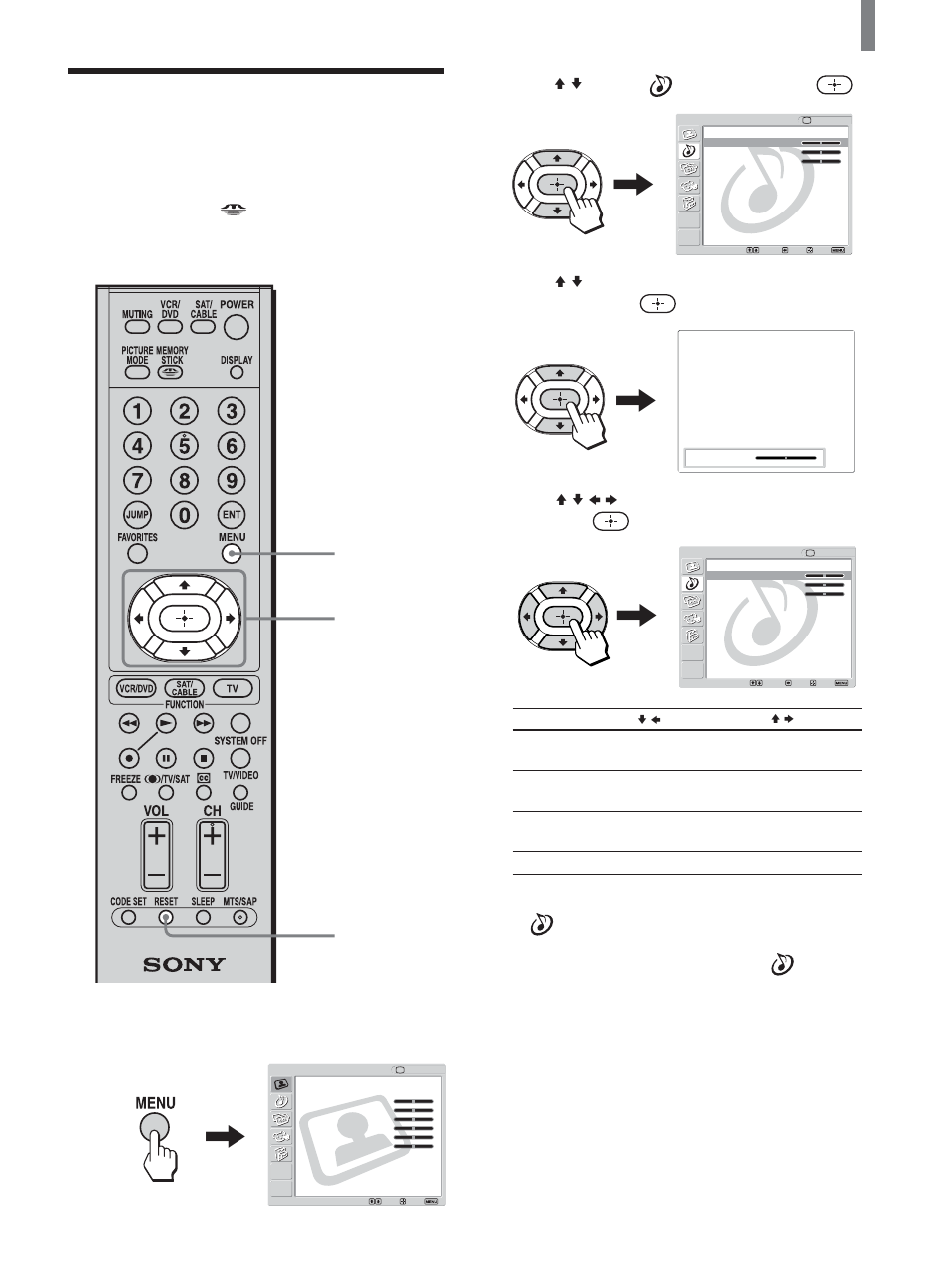 Adjusting the sound quality, Press v/v to select (audio), then press, Press menu | Continued) | Sony KLV-21SG2 User Manual | Page 39 / 80