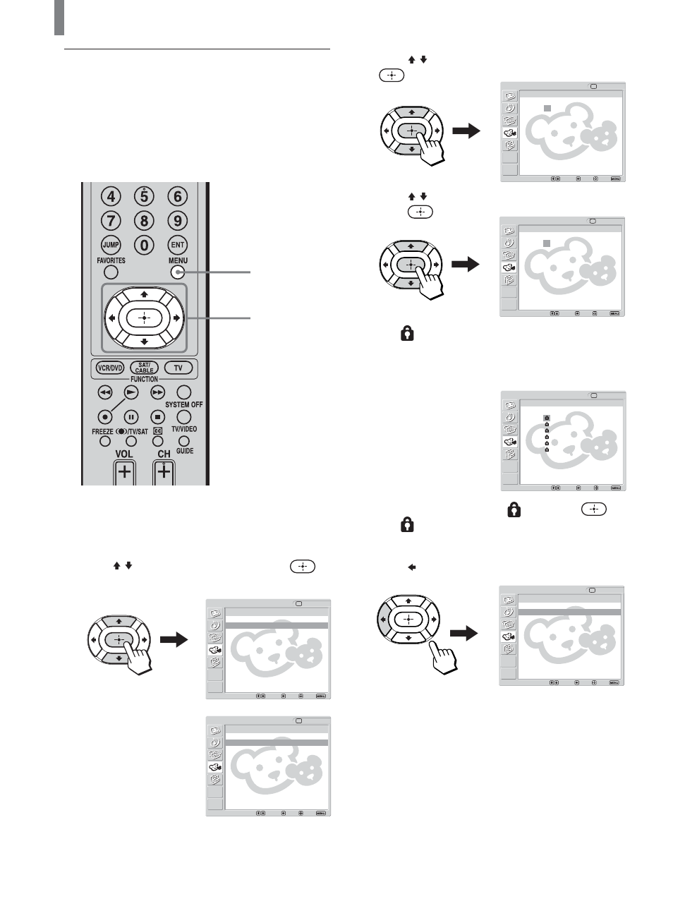 Selecting a custom rating, Press v/v to select “movie rating,” then press, Press b to return to the “custom” menu | Sony KLV-21SG2 User Manual | Page 44 / 80